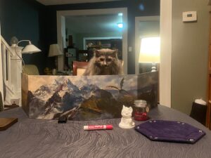 A grey long haired cat glaring over a Dungeon Master screen. The front of the screen features a mountain scene with a dragon flying across it in blues and grays. There is a red glass jar in front of it, and a small white 3D printed cat.