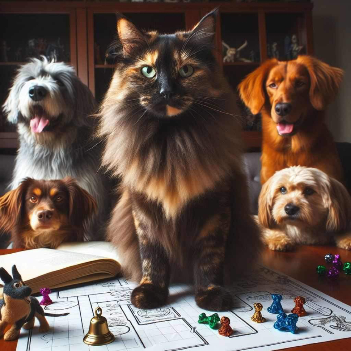 A computer drawn image of a fluffy cat sitting on a table on top of some tabletop gaming paper and game pieces. Behind the cat are 4 dogs. Everyone is looking at the camera.
